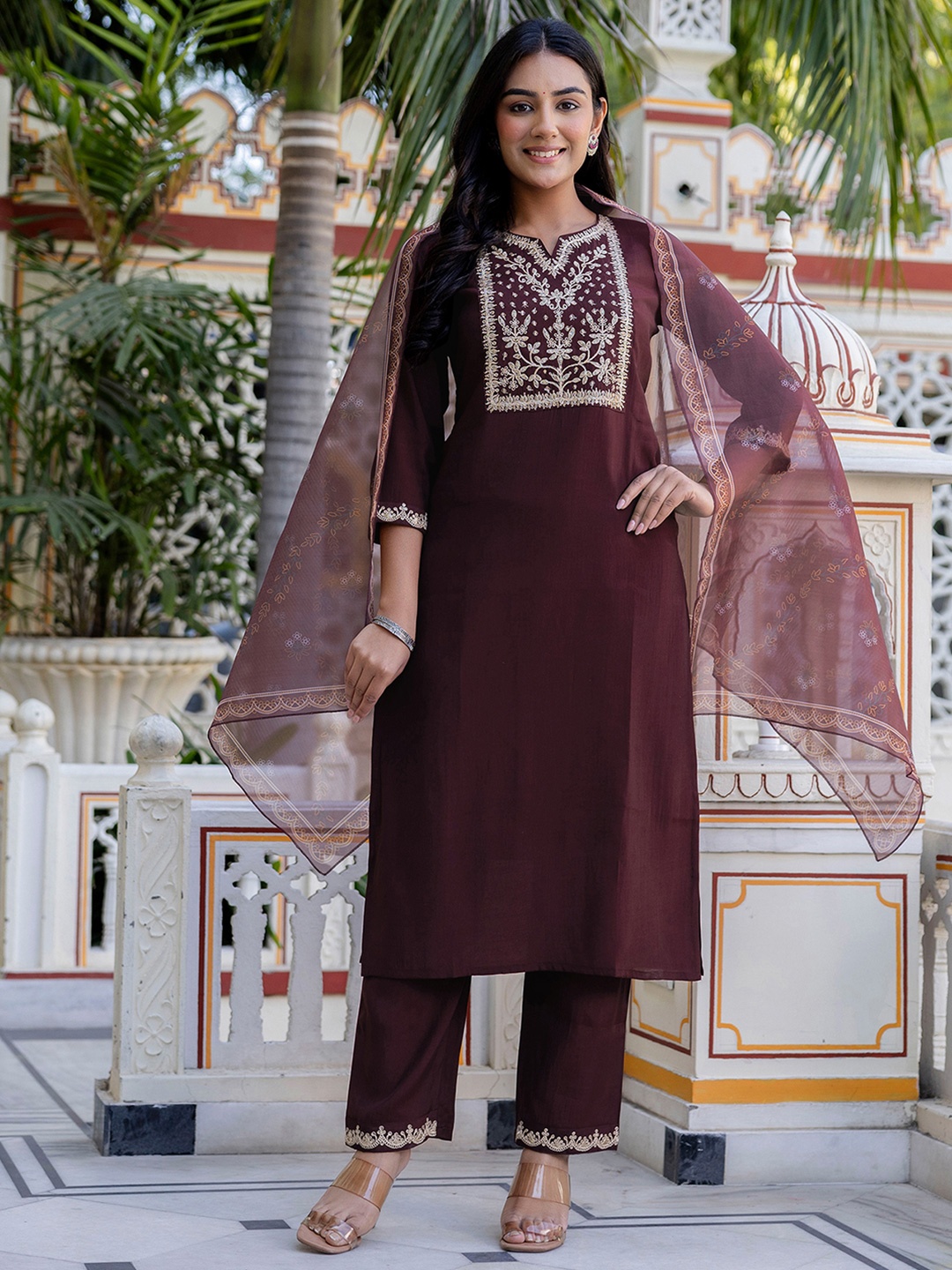 

KALINI Women Embroidered Regular Pure Silk Kurta with Palazzos & With Dupatta, Brown