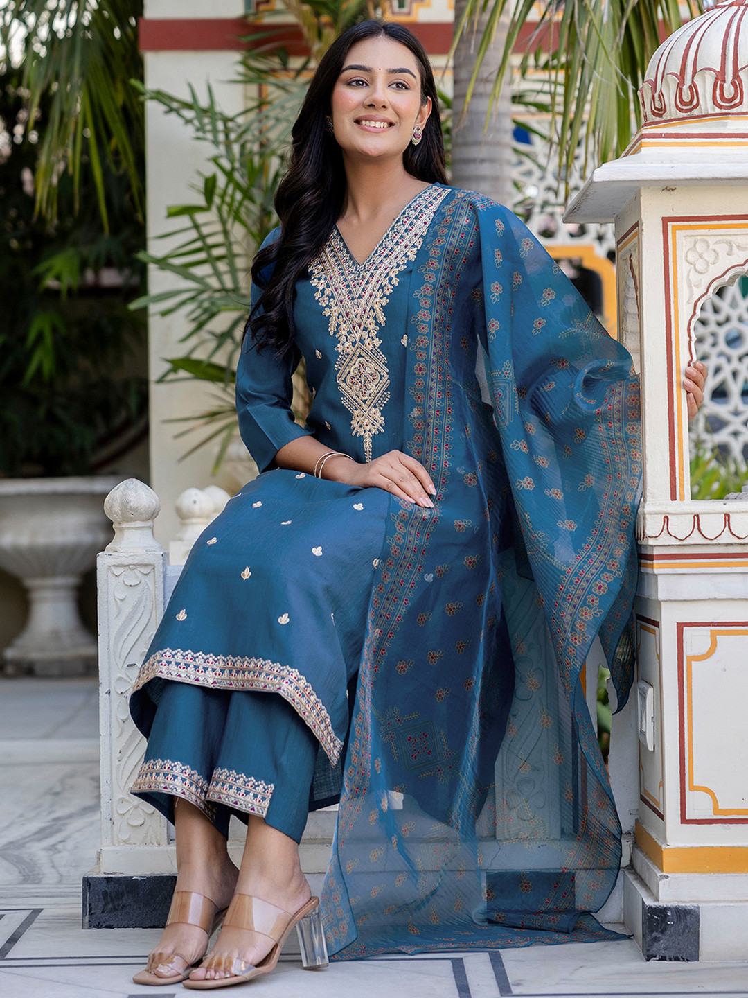 

KALINI Women Floral Embroidered Regular Pure Silk Kurta with Palazzos & With Dupatta, Blue