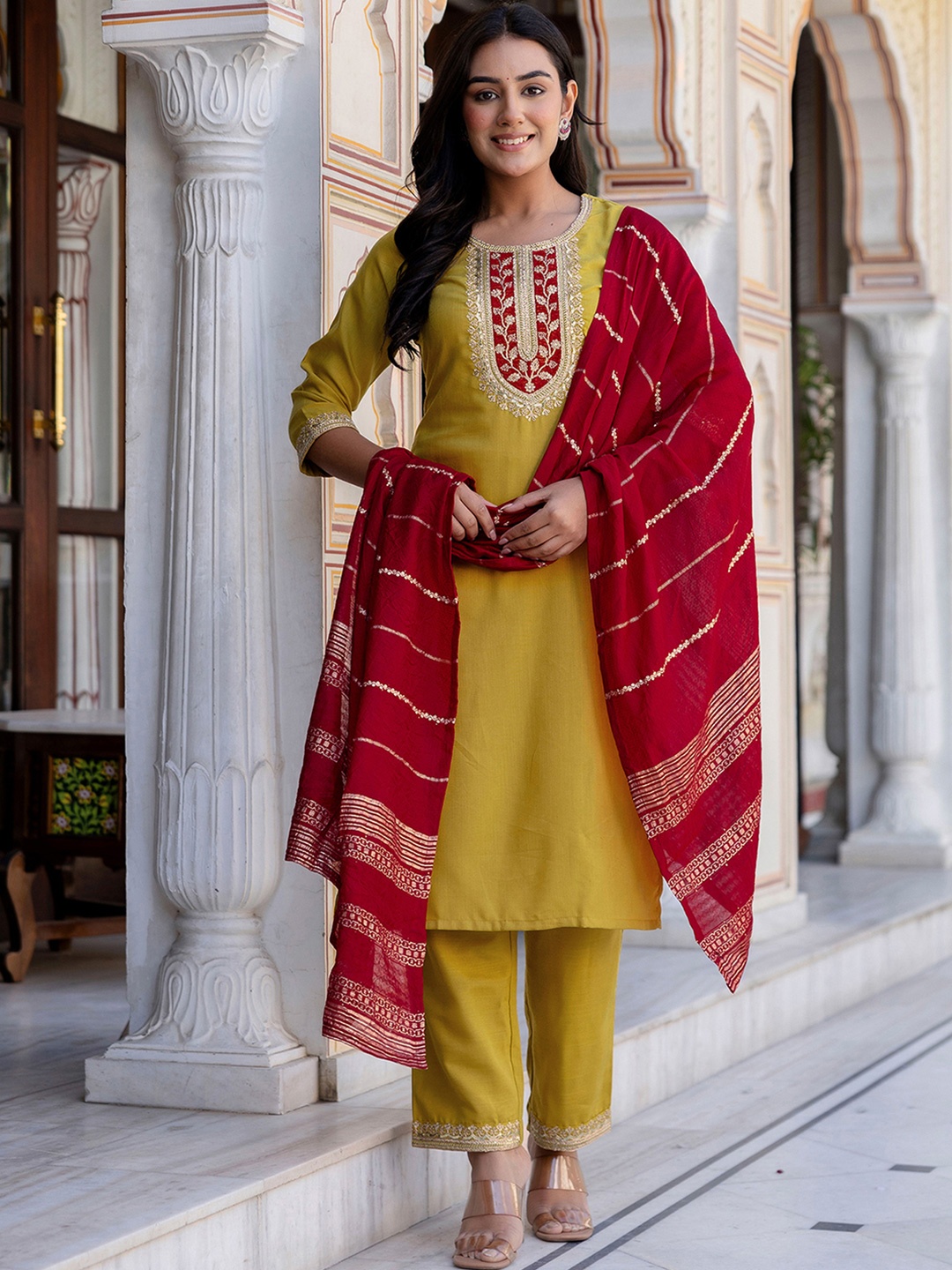 

KALINI Women Embroidered Regular Kurta with Trousers & With Dupatta, Mustard