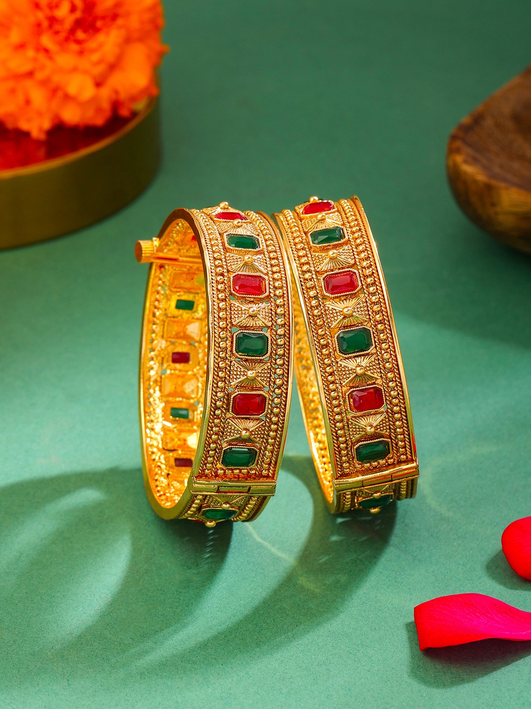 

Yellow Chimes Set Of 2 Gold Plated Stone Studded Ethnic Bangles