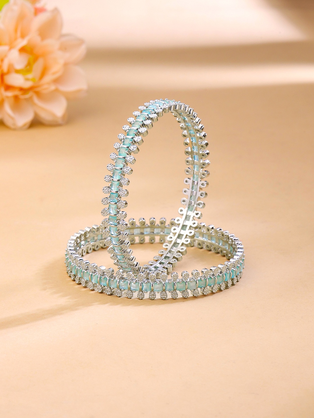 

Yellow Chimes Set Of 2 Rhodium-Plated American Diamond-Studded Bangles, Silver