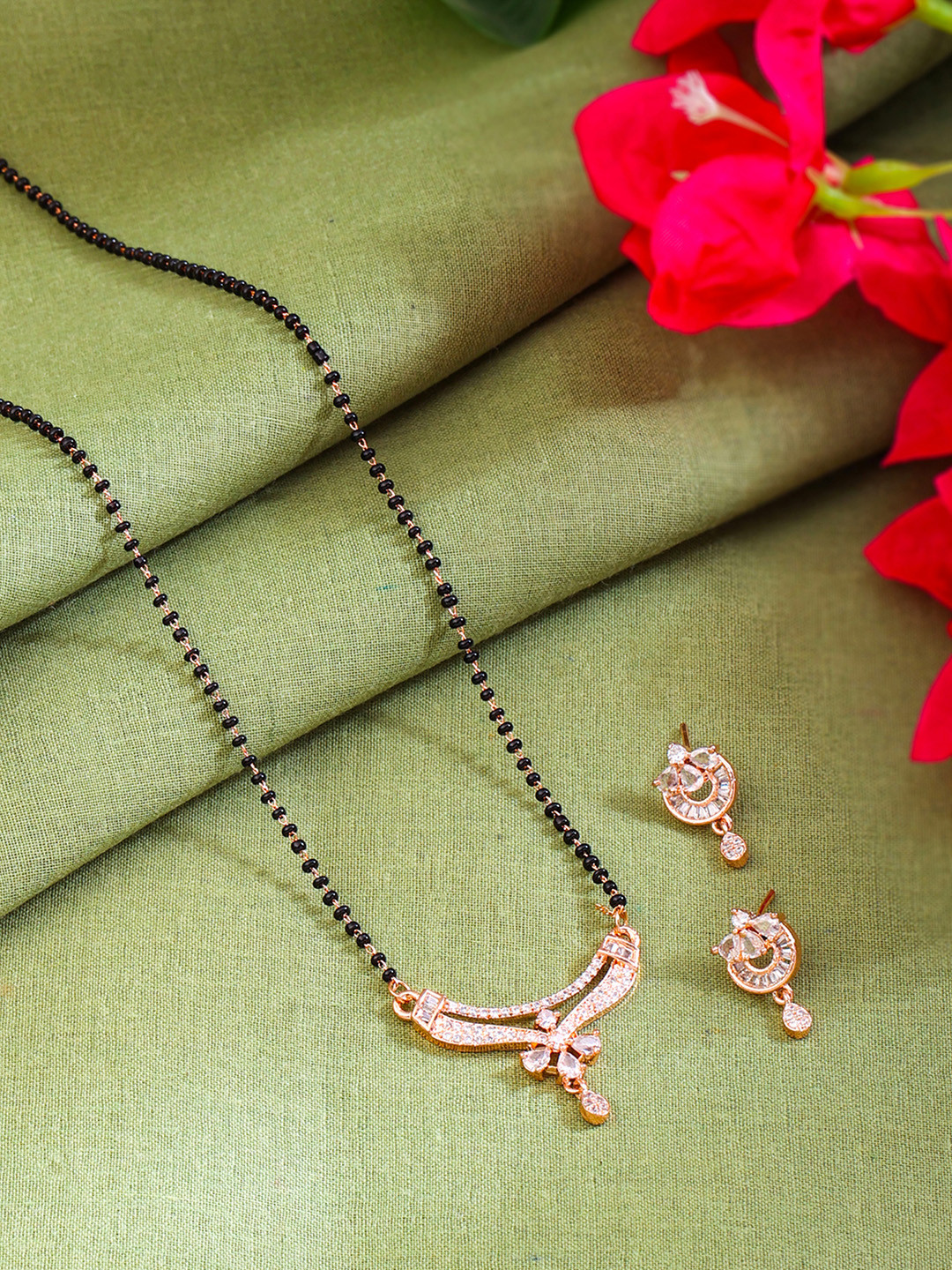 

Yellow Chimes Rose Gold-Plated AD Studded Mangalsutra Set