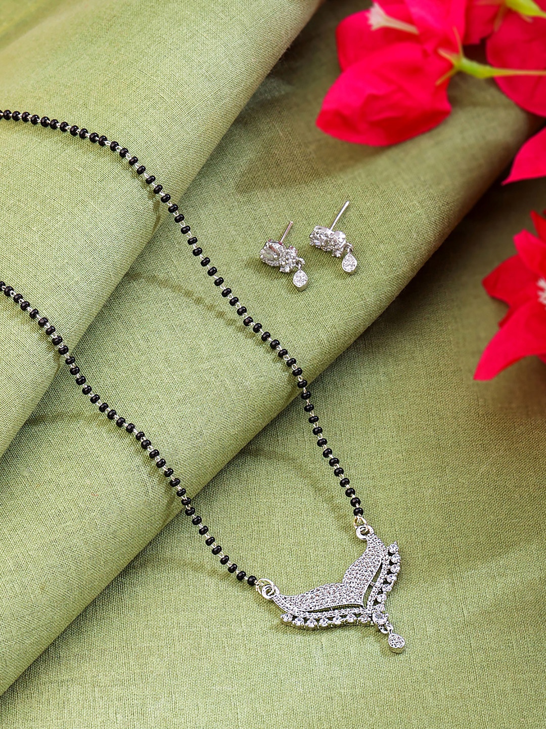 

Yellow Chimes Rhodium-Plated AD Mangalsutra Set, Silver