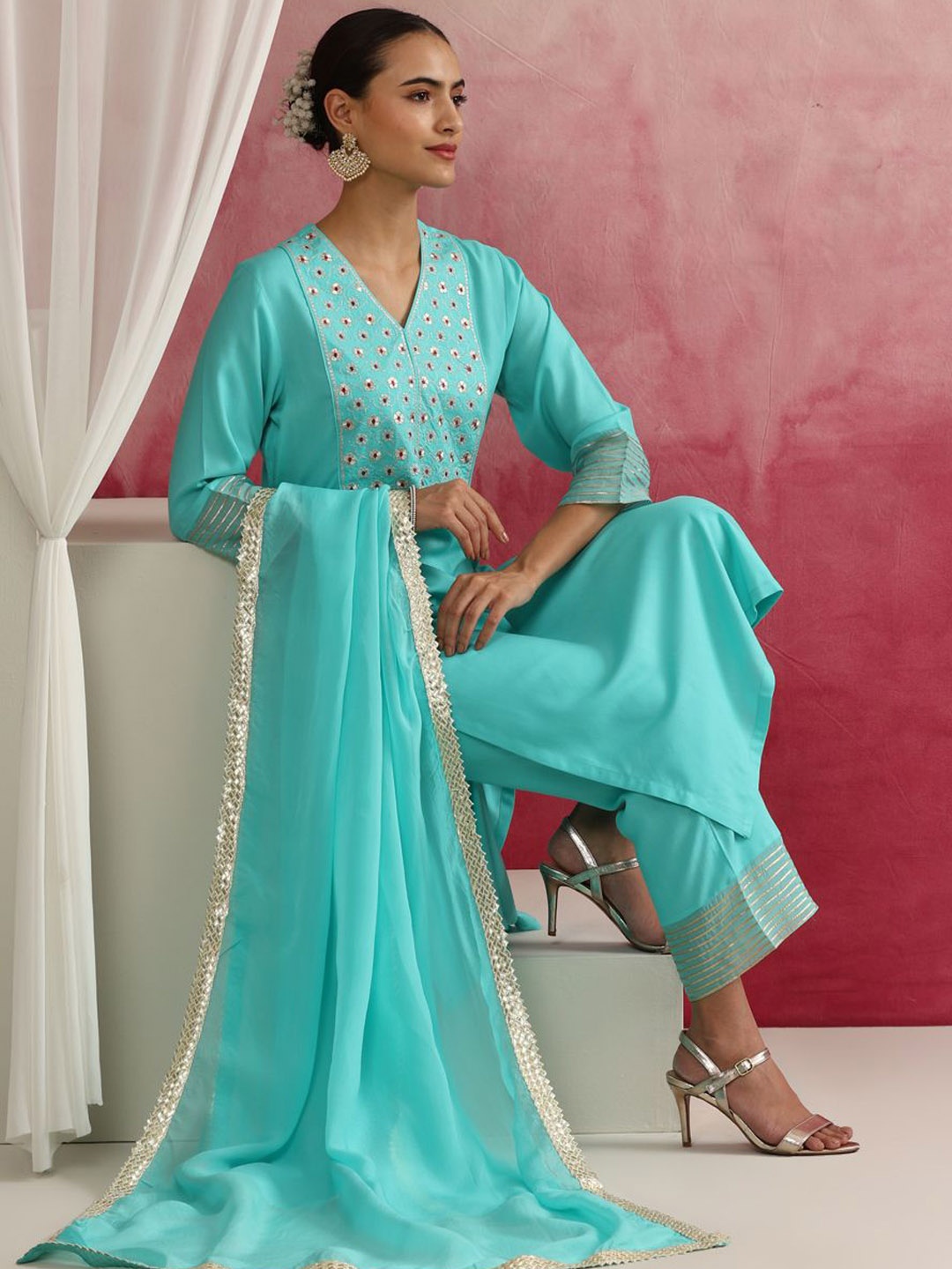 

Khushal K Women Embroidered Regular Sequinned Kurta with Palazzos & With Dupatta, Turquoise blue