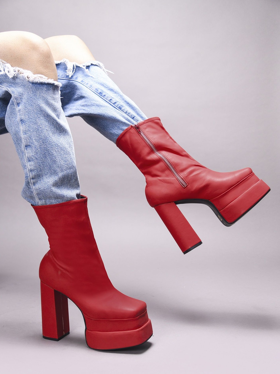 

TRYME Women Ankle Length Short Block Heel Boots, Red