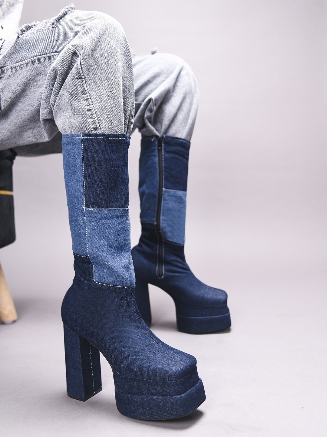 

TRYME Women Full Length Block Heel Boots, Blue