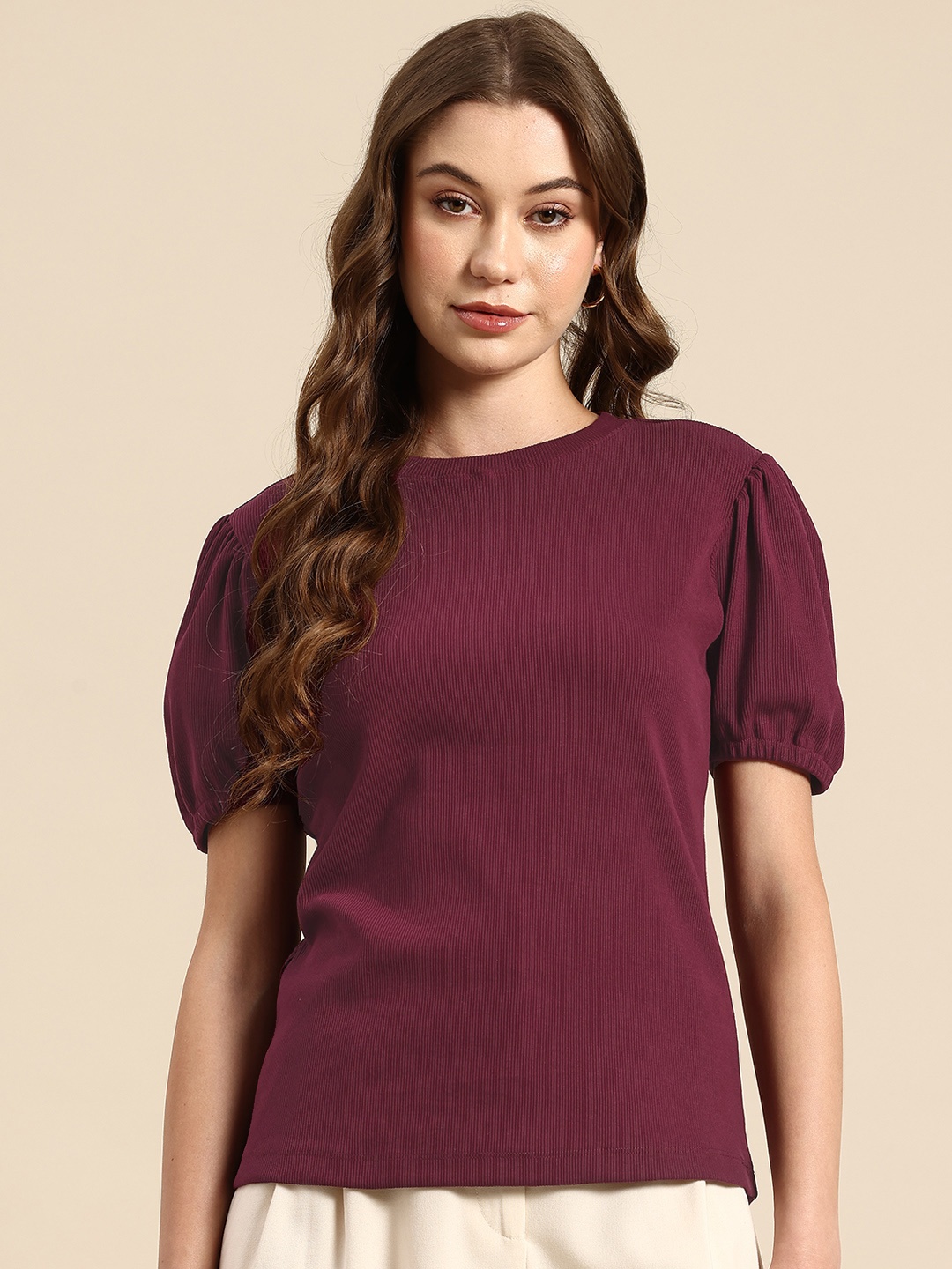 

Hang and wear Puff Sleeve Pure Cotton Top, Maroon