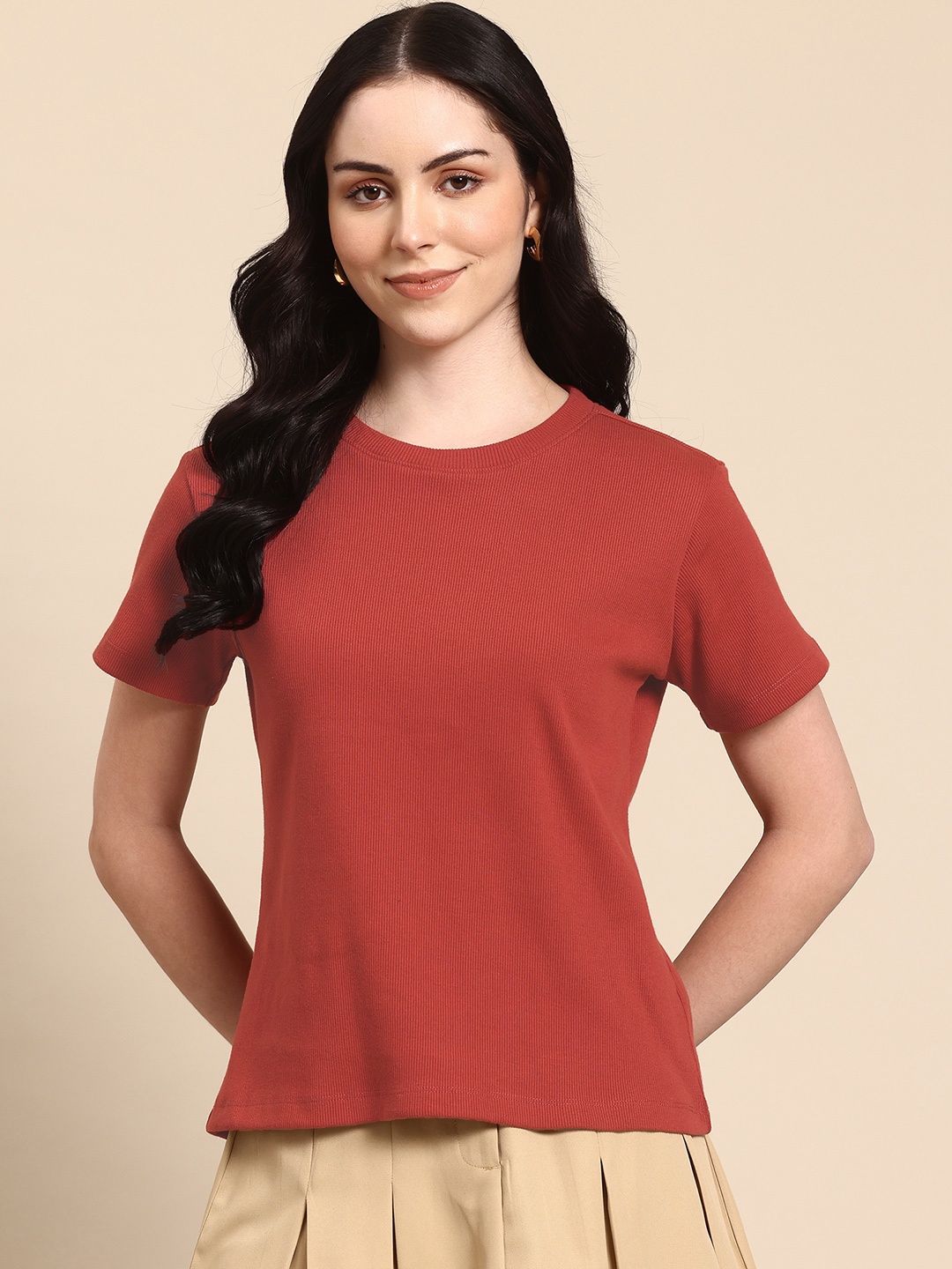 

Hang and wear Pure Cotton Ribbed Top, Red