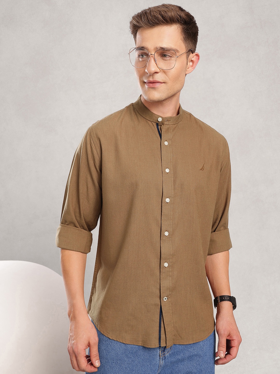 

Nautica Men Premium Solid Linen Shirt, Brown
