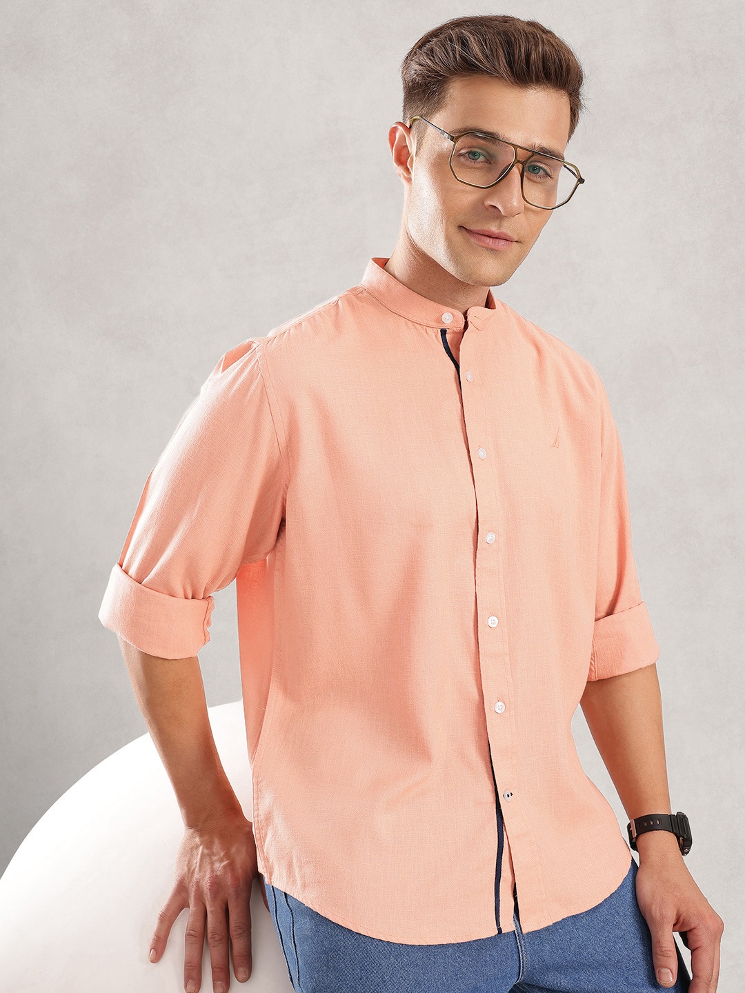 

Nautica Men Premium Solid Linen Shirt, Peach