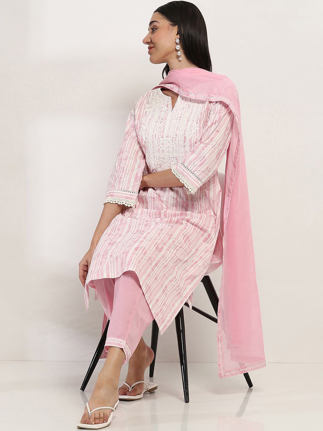 

Rangriti Floral Printed Thread Work Pure Cotton Straight Kurta With Trousers & Dupatta, Pink