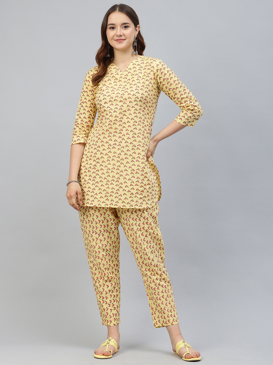 HRITIKA Printed V-Neck Pure Cotton Tunic With Trouser, Yellow