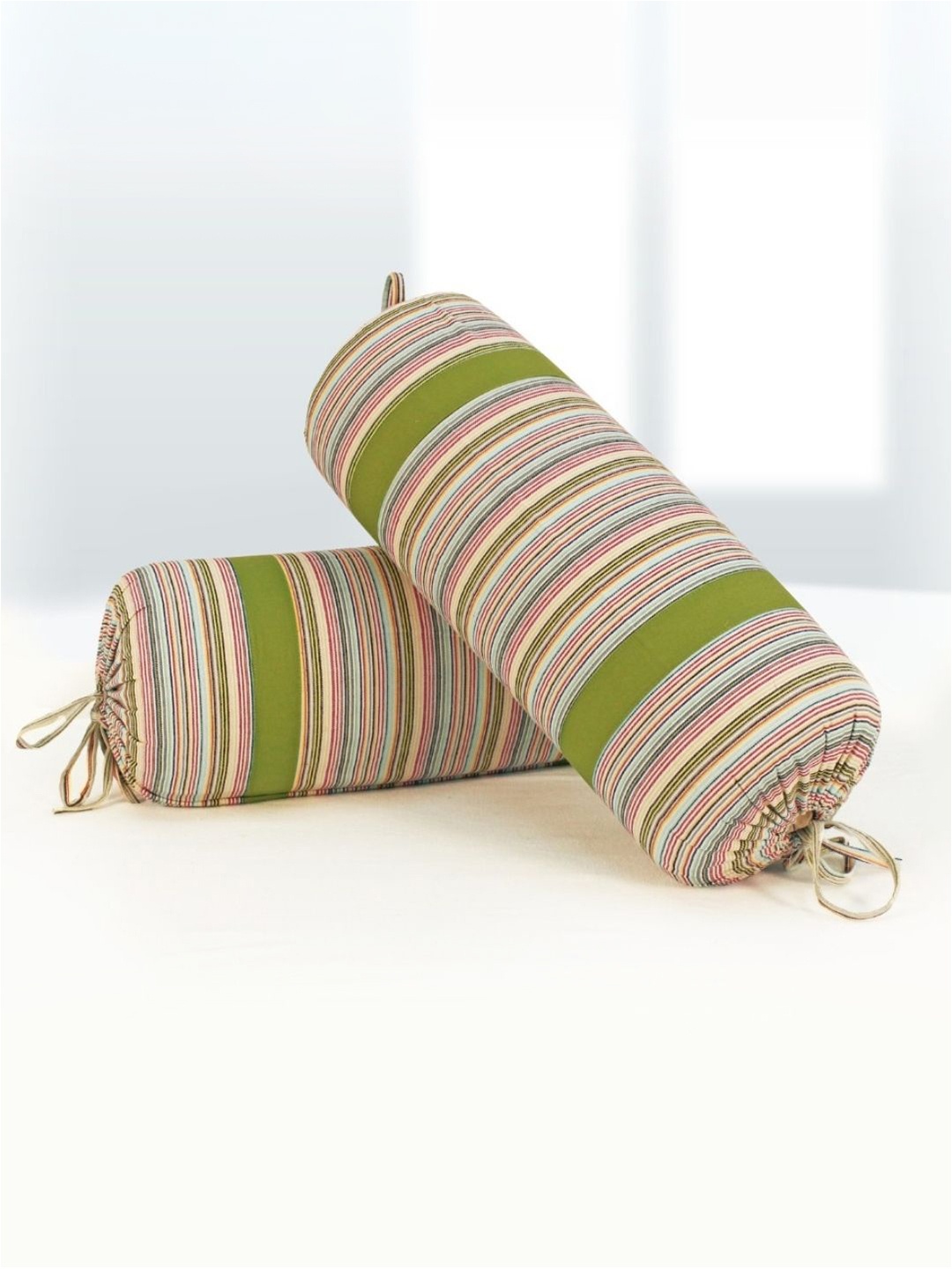 

Aurave Set of 2 Green & Pink Stripped Cotton Bolster Covers