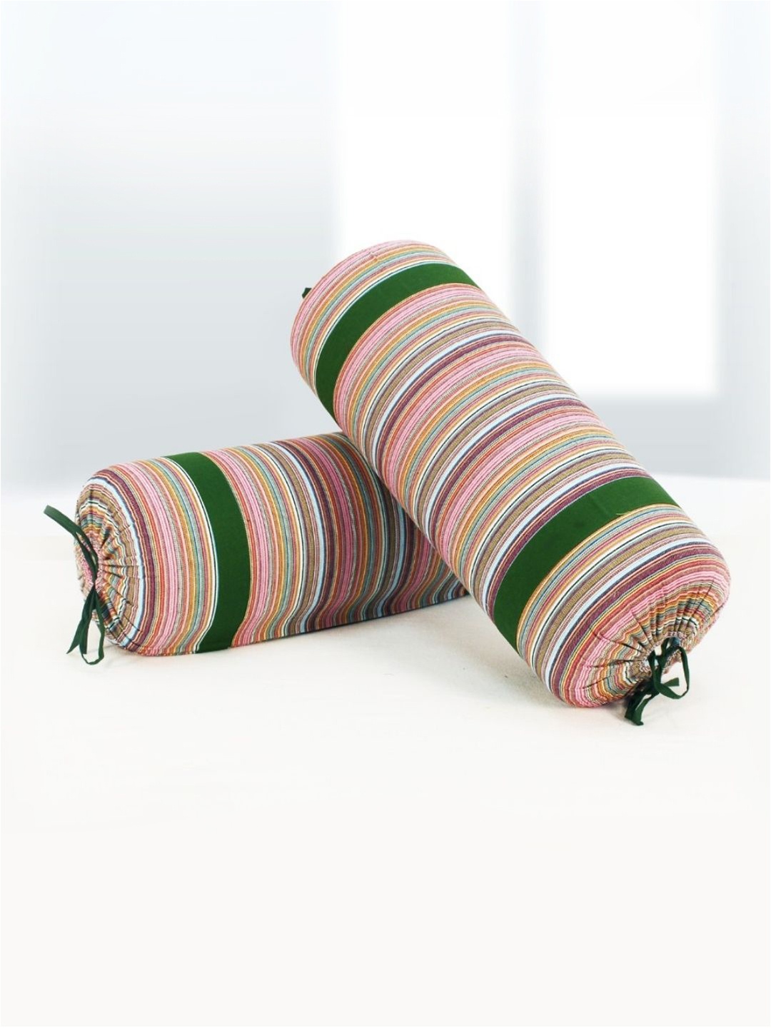 

Aurave Green & Red 2 Pieces Striped Cotton Breathable Bolster Covers