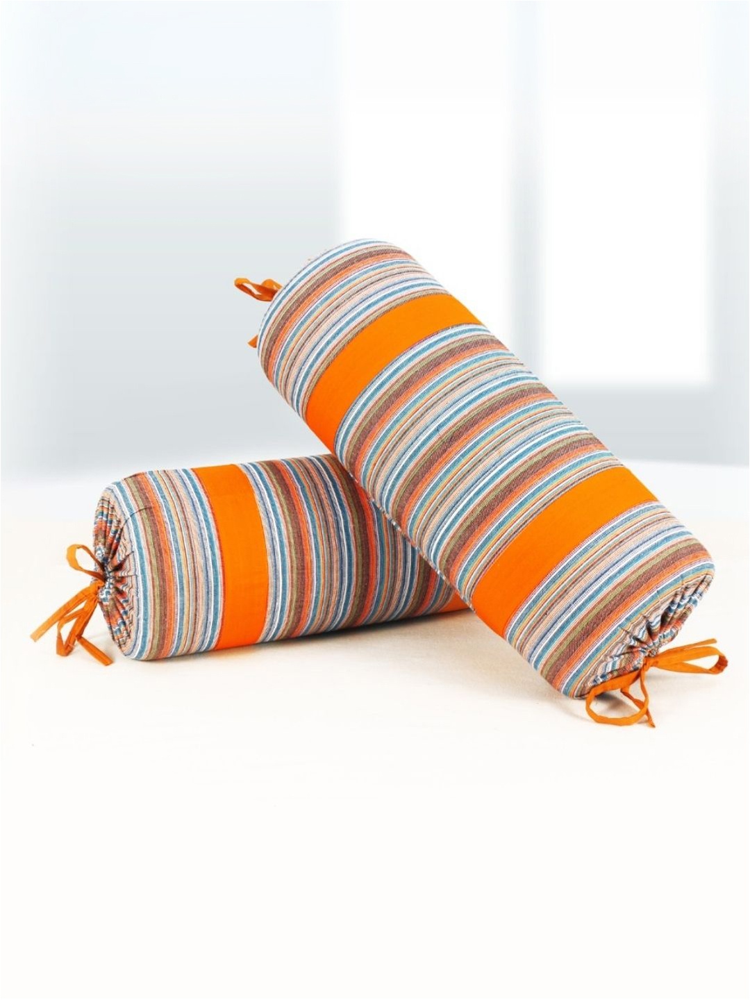 

Aurave Orange & White 2 Pieces Striped Cotton Breathable Bolster Covers