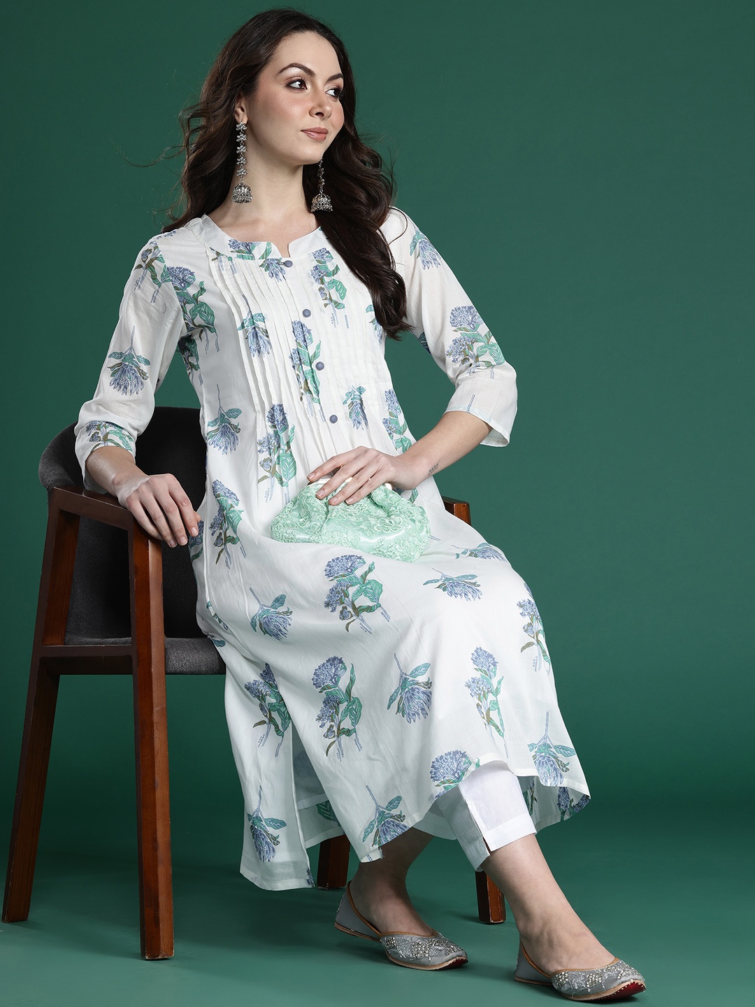 

Indo Era Floral Printed Pleated Pure Cotton Kurta with Trousers, White