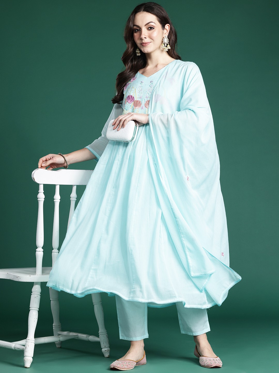 

Indo Era Floral Embroidered Thread Work Pure Cotton Kurta with Trousers & With Dupatta, Blue