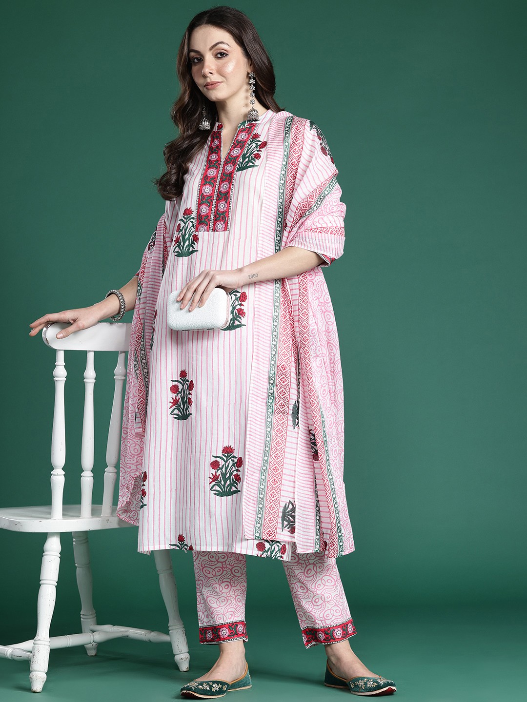 

Indo Era Floral Printed Pure Cotton Kurta with Trousers & With Dupatta, Pink