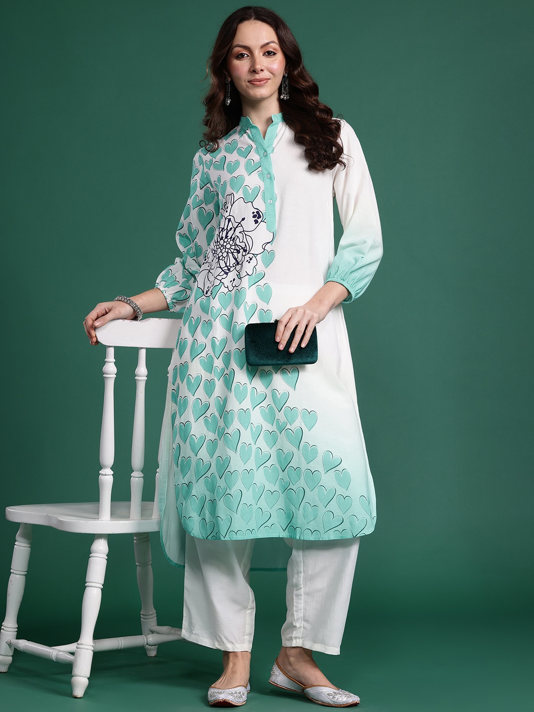 

Indo Era Women Ethnic Motifs Printed Linen Blend Kurta, Sea green