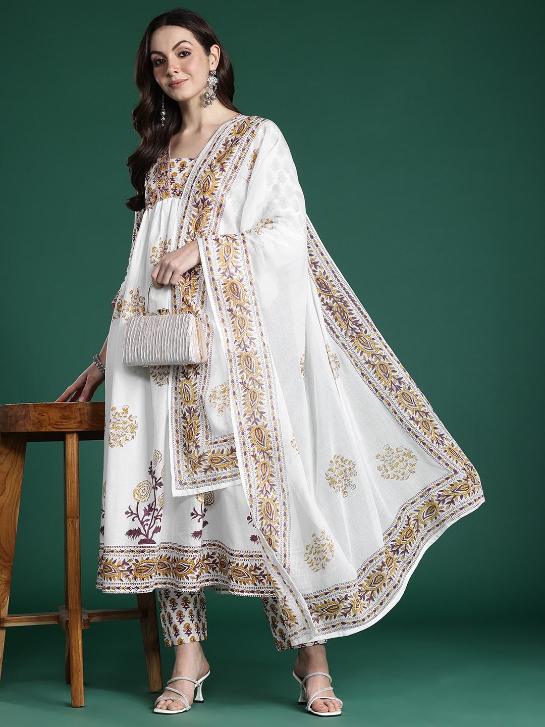 

Indo Era Floral Printed Empire Pure Cotton Kurta with Trousers & With Dupatta, White