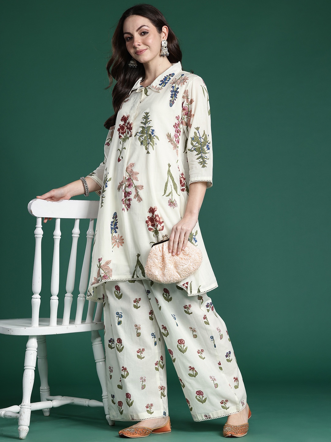 

Indo Era Floral Printed Pure Cotton A-Line Kurta with Palazzos, Off white