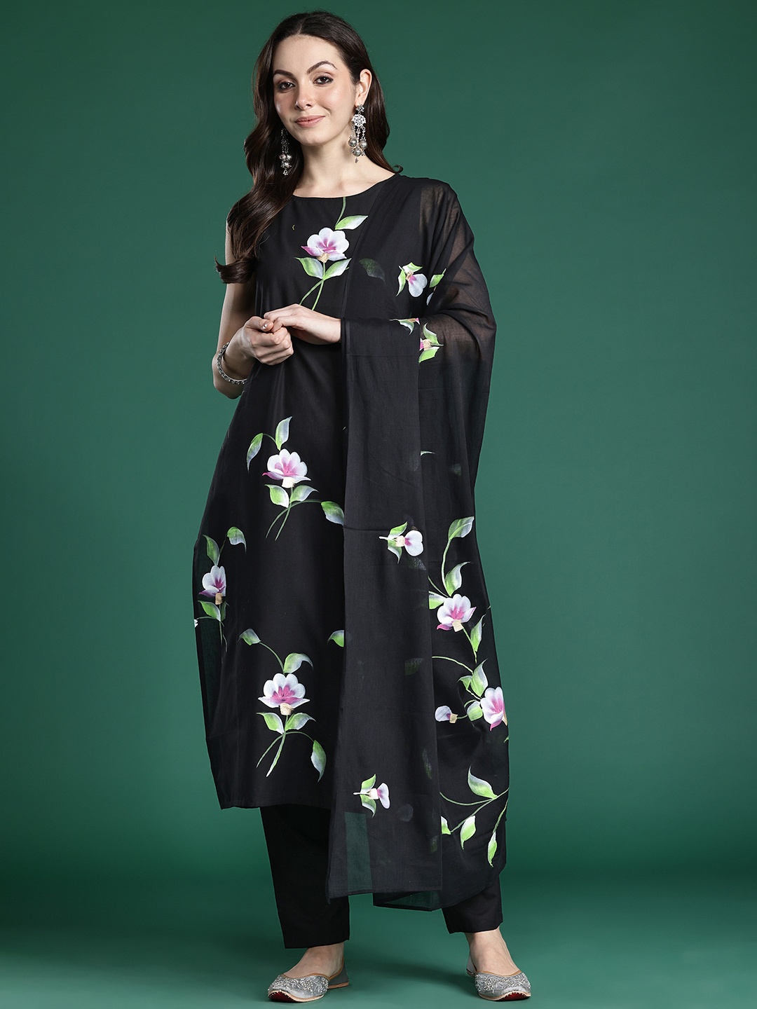 

Indo Era Floral Printed Pure Cotton Kurta With Trousers & Dupatta, Black
