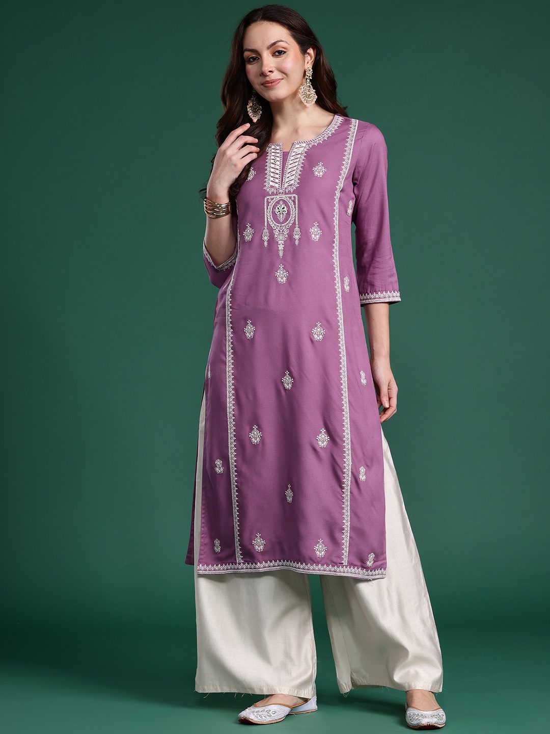 

Indo Era Women Ethnic Motifs Embroidered Thread Work Kurta, Purple