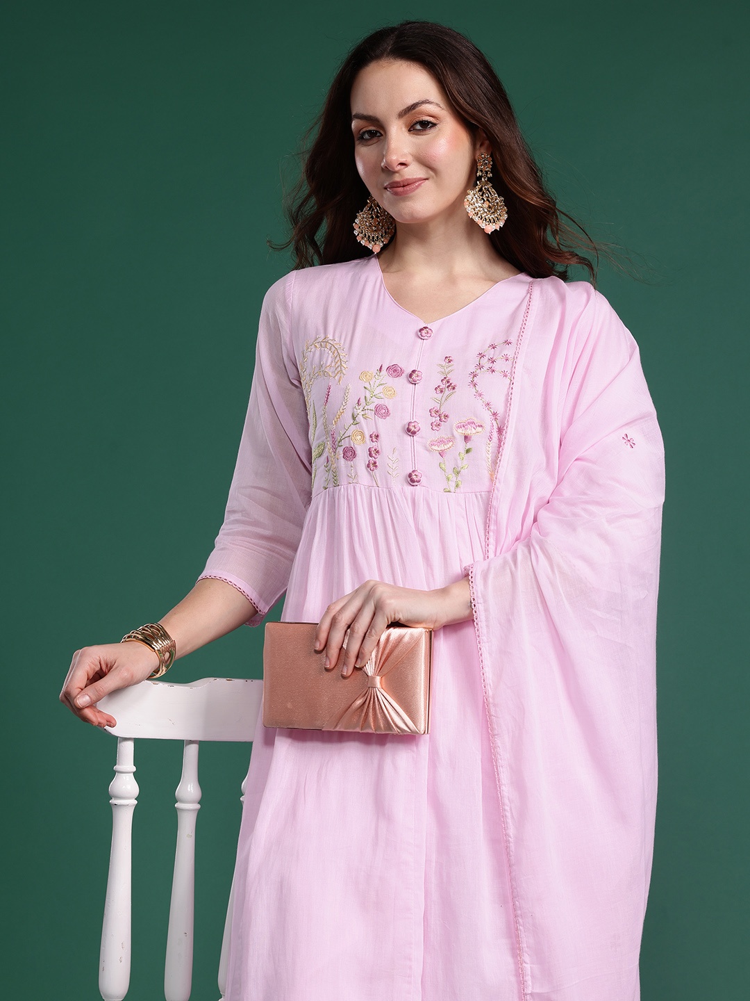 

Indo Era Ethnic Motifs Embroidered Pure Cotton Kurta with Trousers & Dupatta, Pink