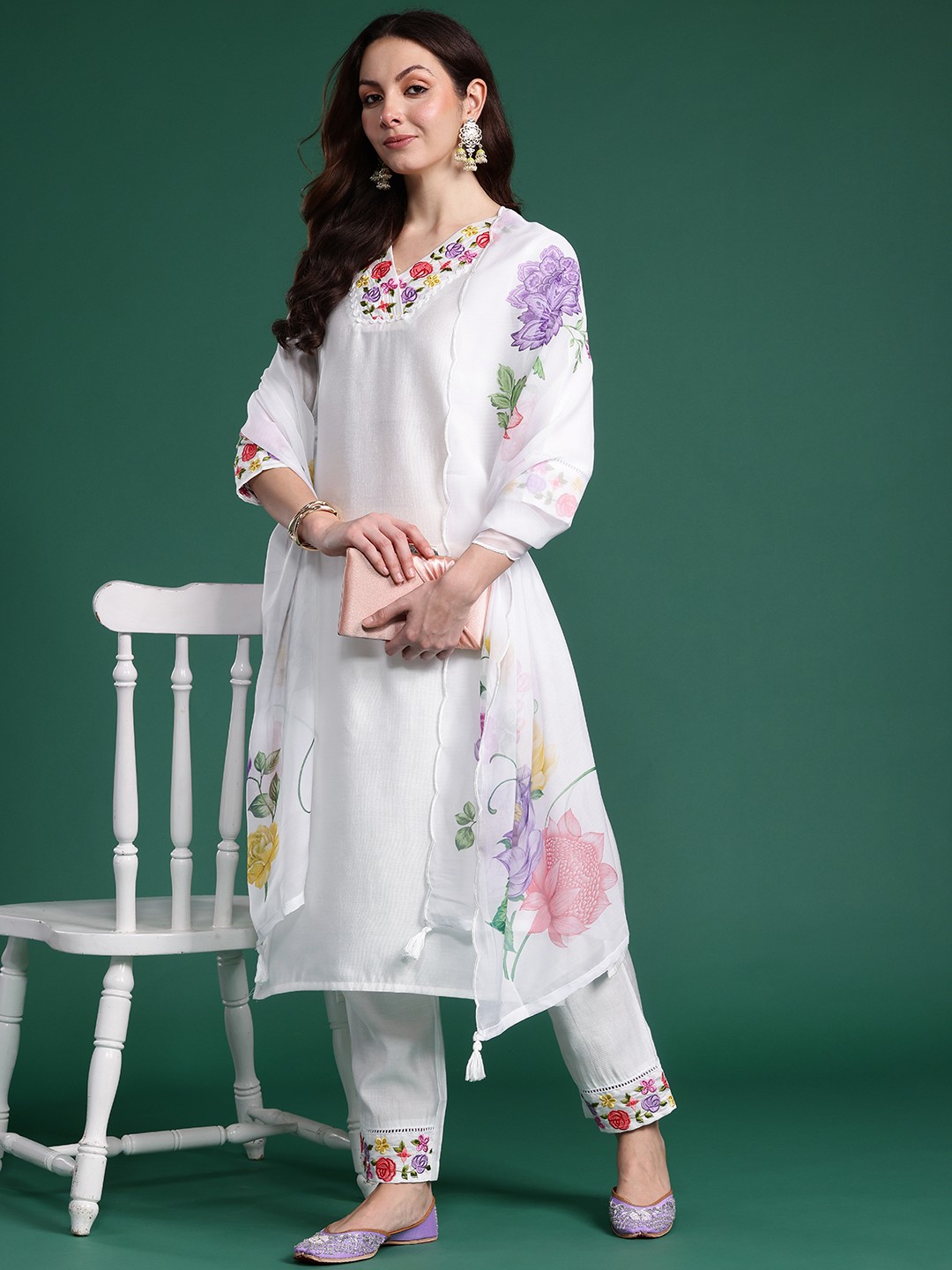 

Indo Era Floral Embroidered Kurta with Trousers & Dupatta, White