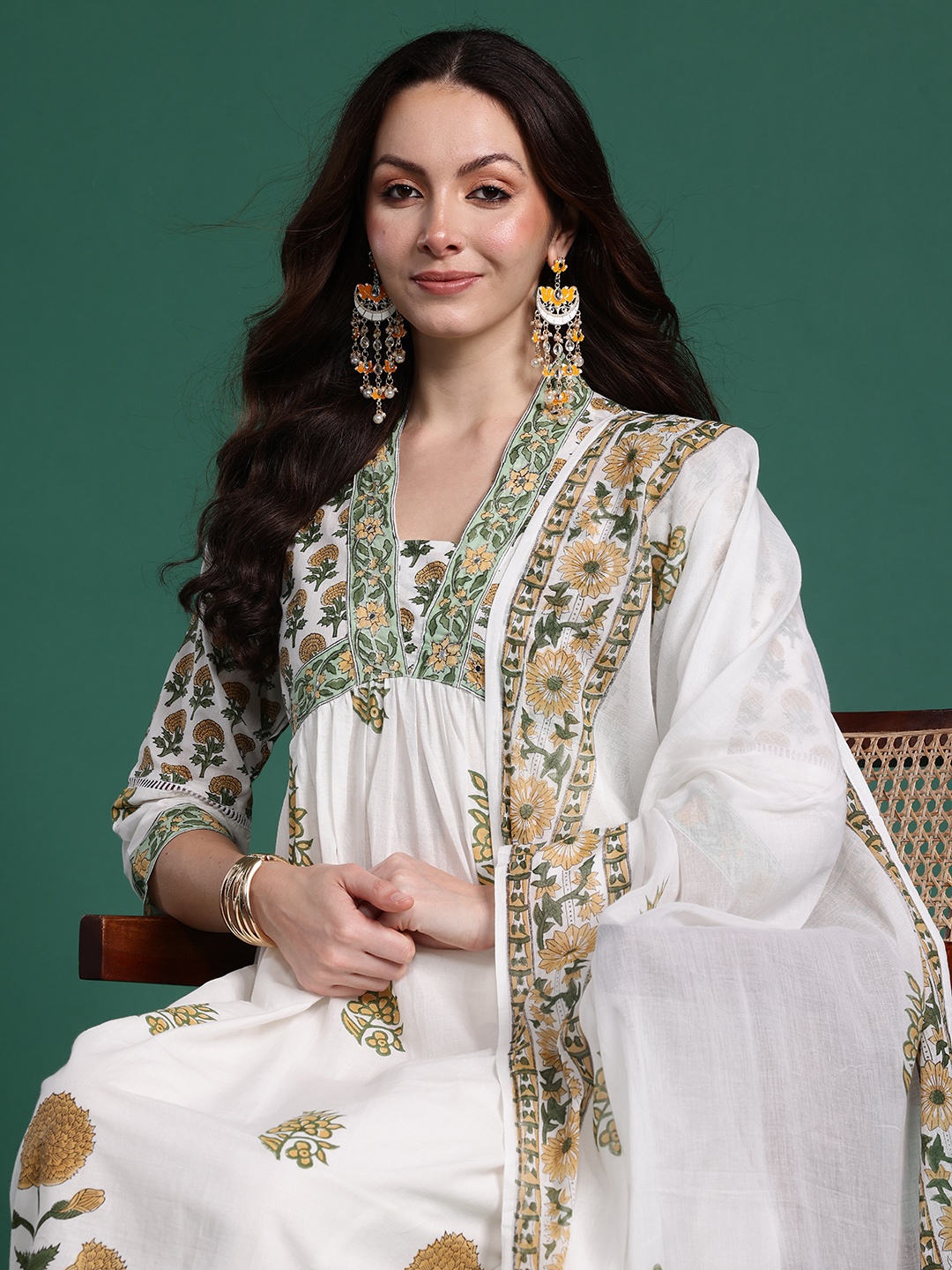

Indo Era Floral Printed Empire Pure Cotton Kurta with Trousers & Dupatta, White
