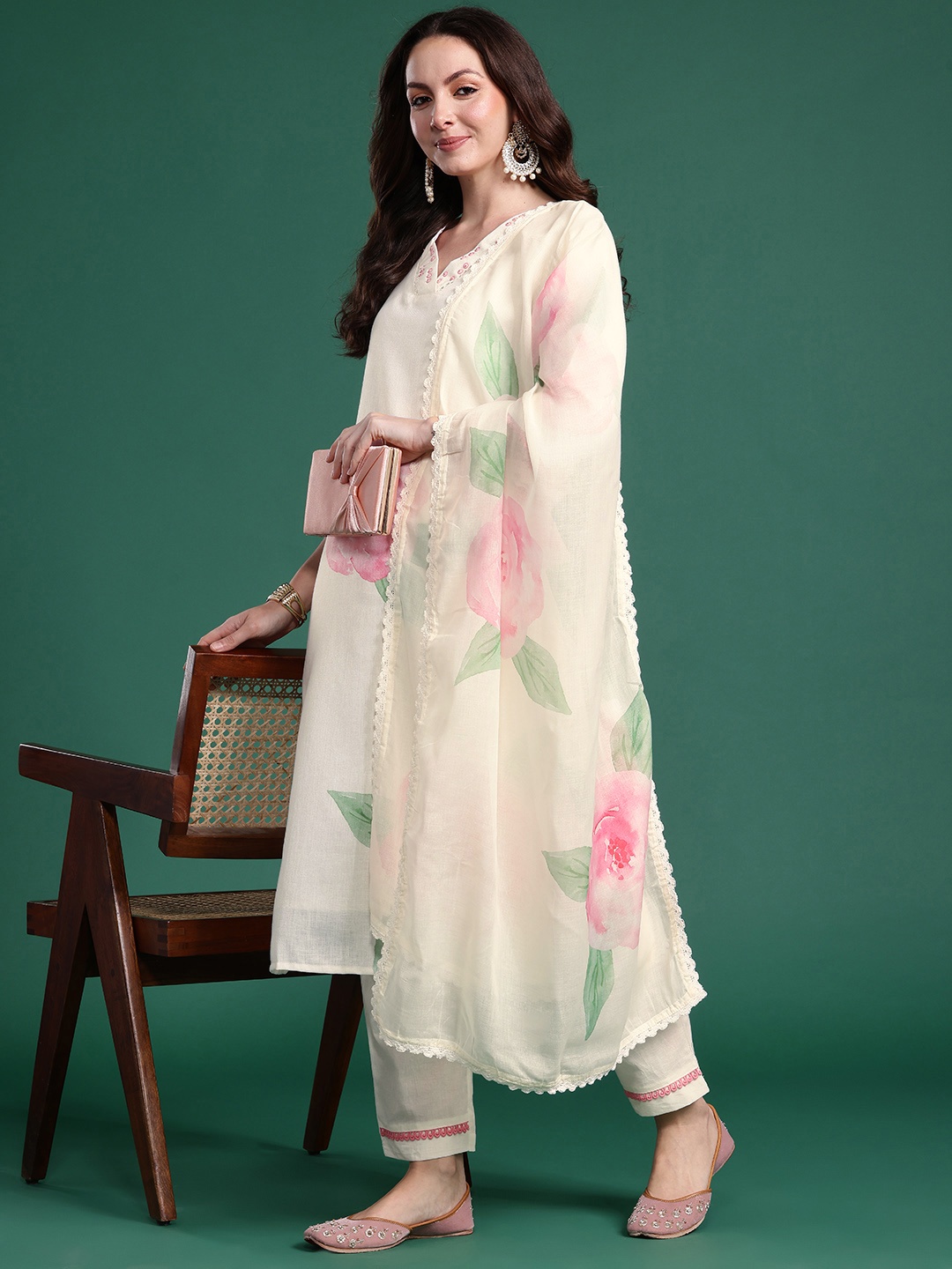 

Indo Era Women Floral Printed Kurta with Trousers & Dupatta, Off white