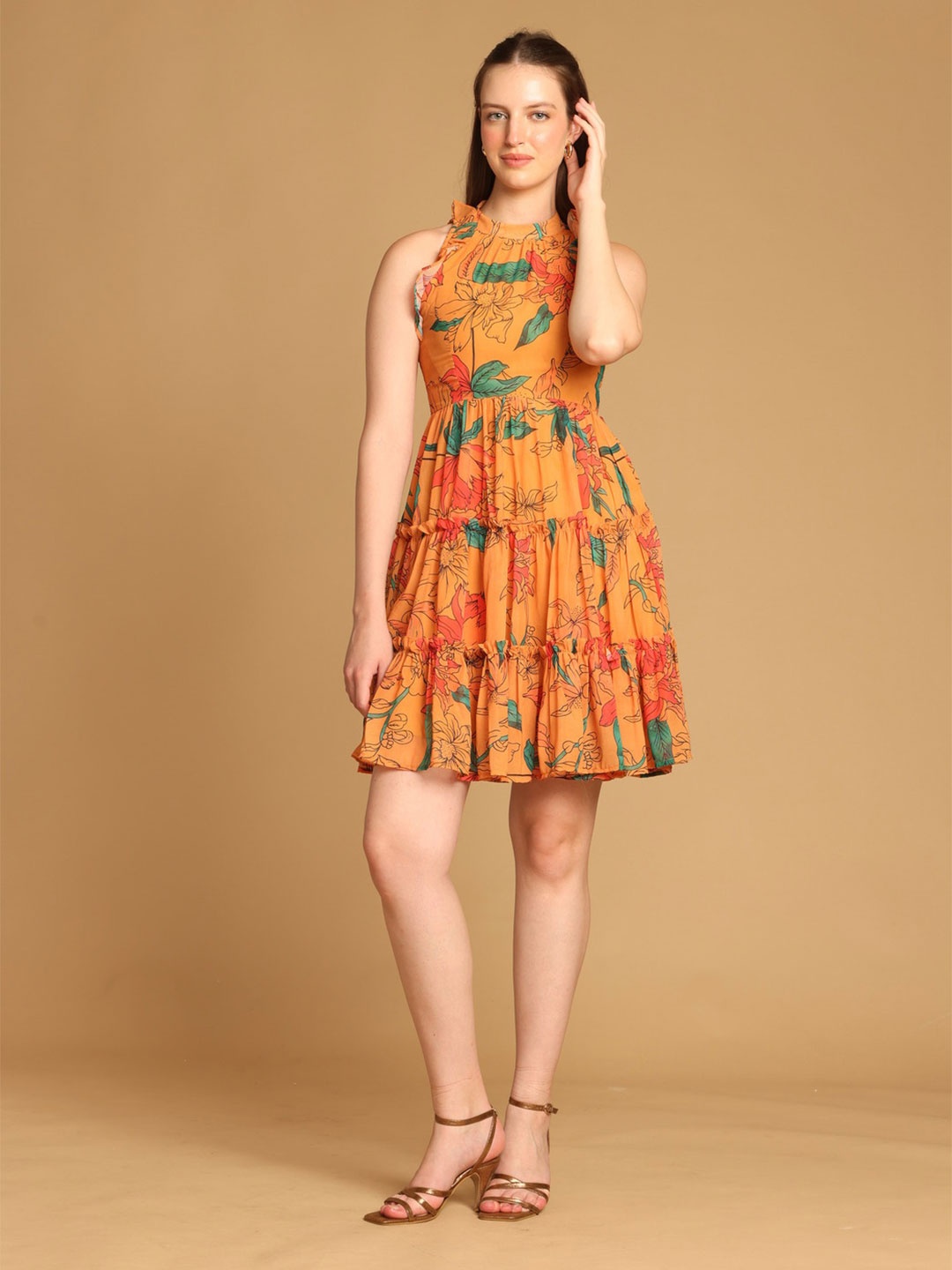 

CORSICA Floral Print Georgette Fit & Flare Mini Dress, Yellow