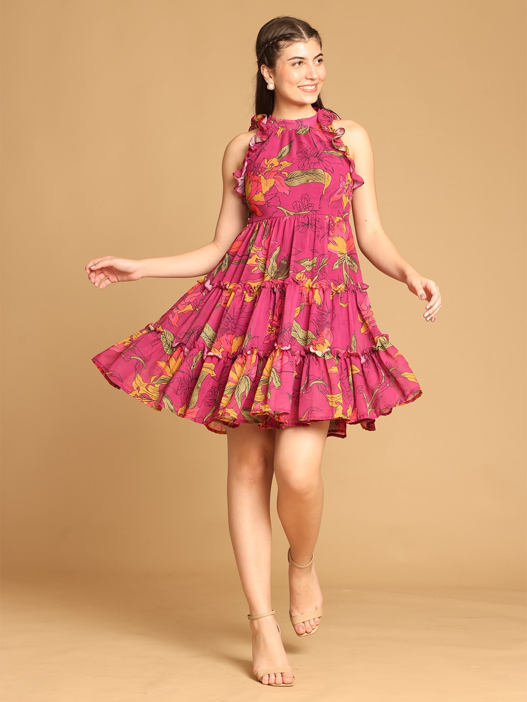 

CORSICA Floral Print Georgette Fit & Flare Mini Dress, Pink