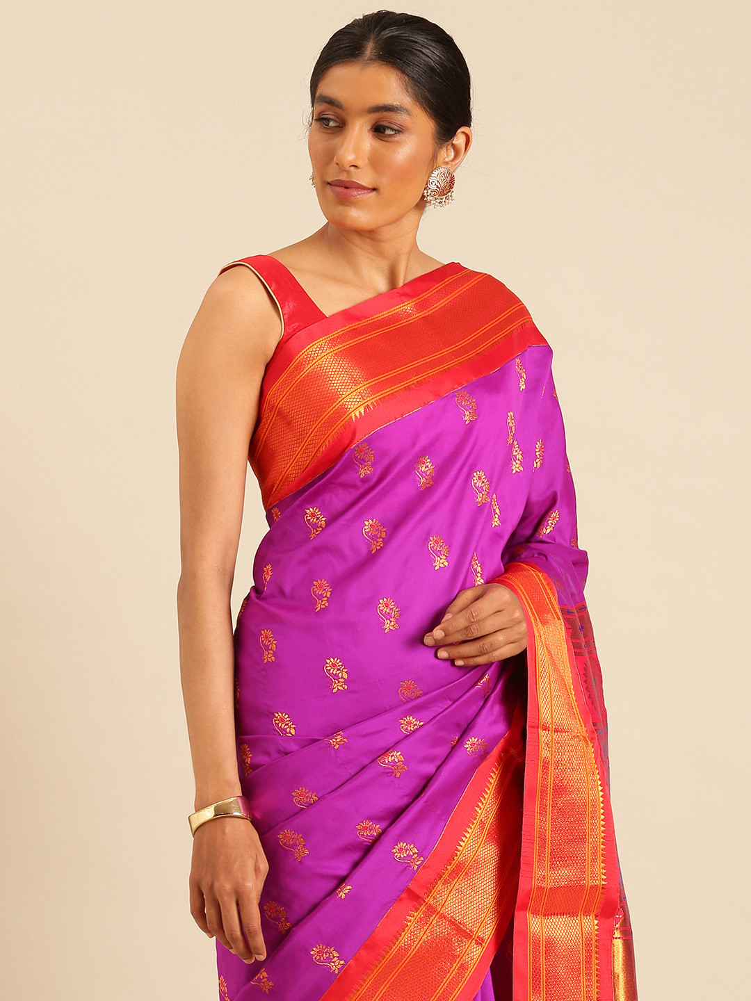 

Varkala Silk Sarees Ethnic Motifs Zari Silk Blend Paithani Saree, Purple