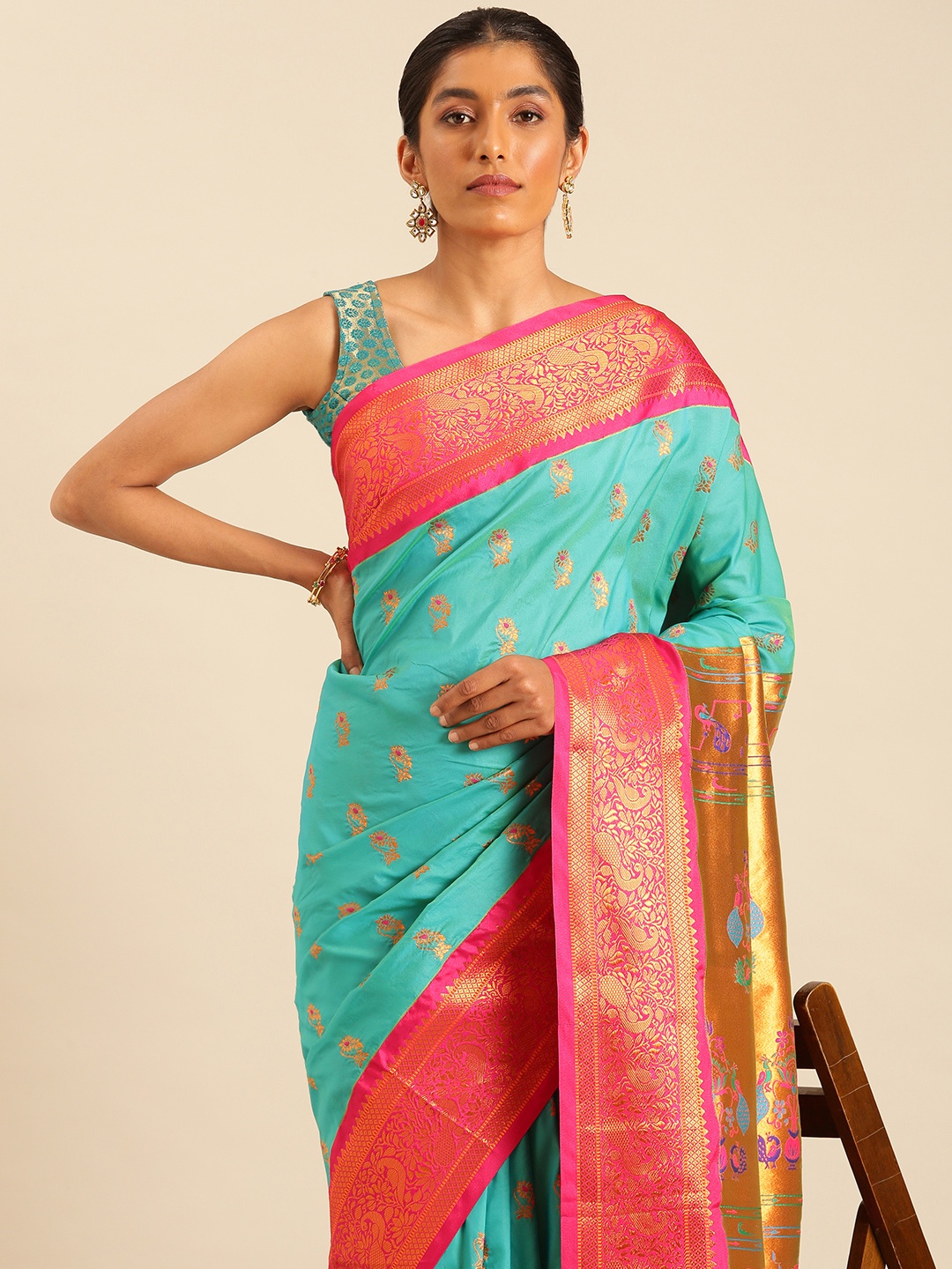 

Varkala Silk Sarees Ethnic Motifs Zari Silk Blend Paithani Saree, Turquoise blue