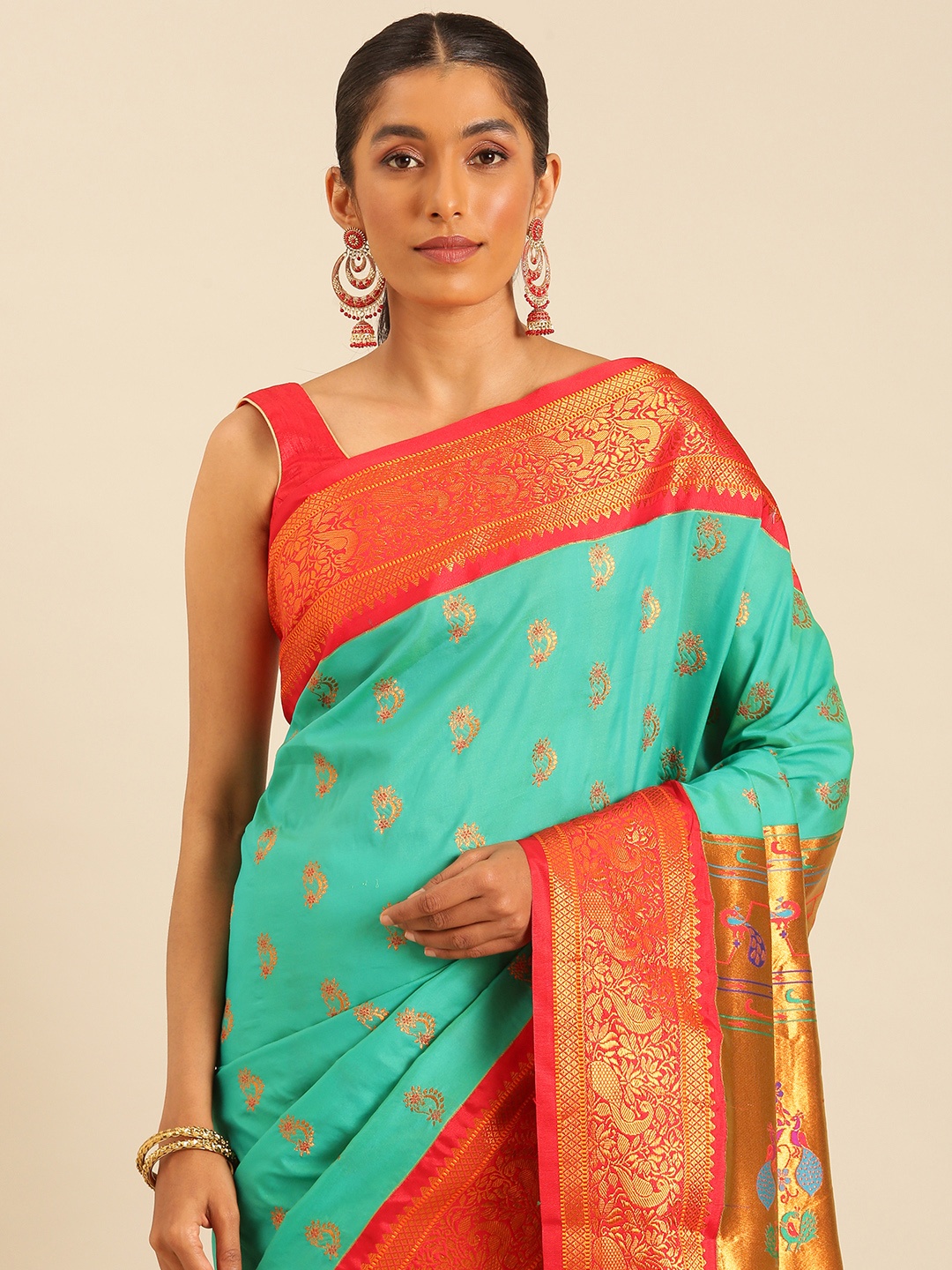 

Varkala Silk Sarees Ethnic Motifs Zari Silk Blend Paithani Saree, Sea green