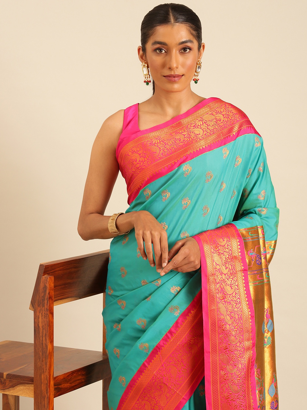 

Varkala Silk Sarees Ethnic Motifs Zari Silk Blend Paithani Saree, Turquoise blue