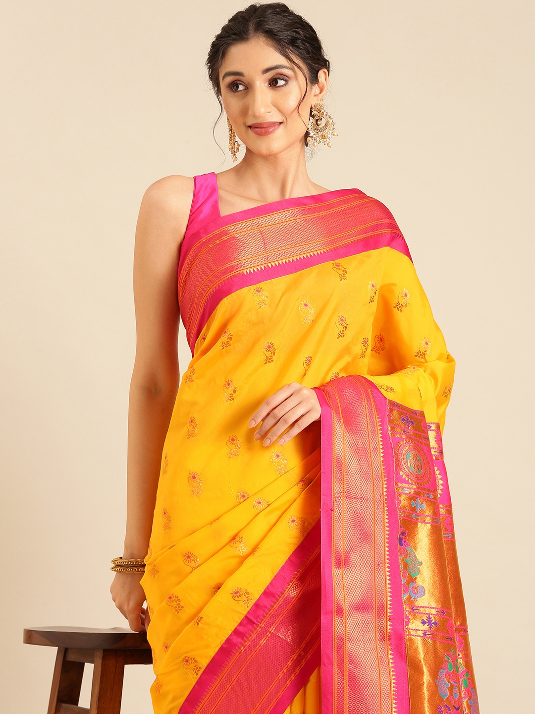 

Varkala Silk Sarees Ethnic Motifs Zari Silk Blend Paithani Saree, Gold