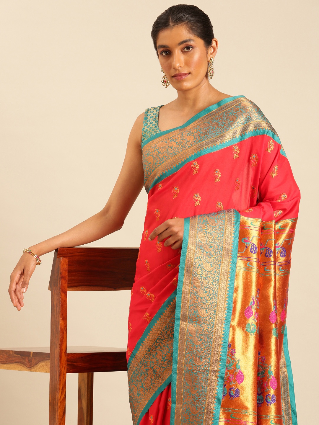 

Varkala Silk Sarees Ethnic Motifs Zari Silk Blend Paithani Saree, Red