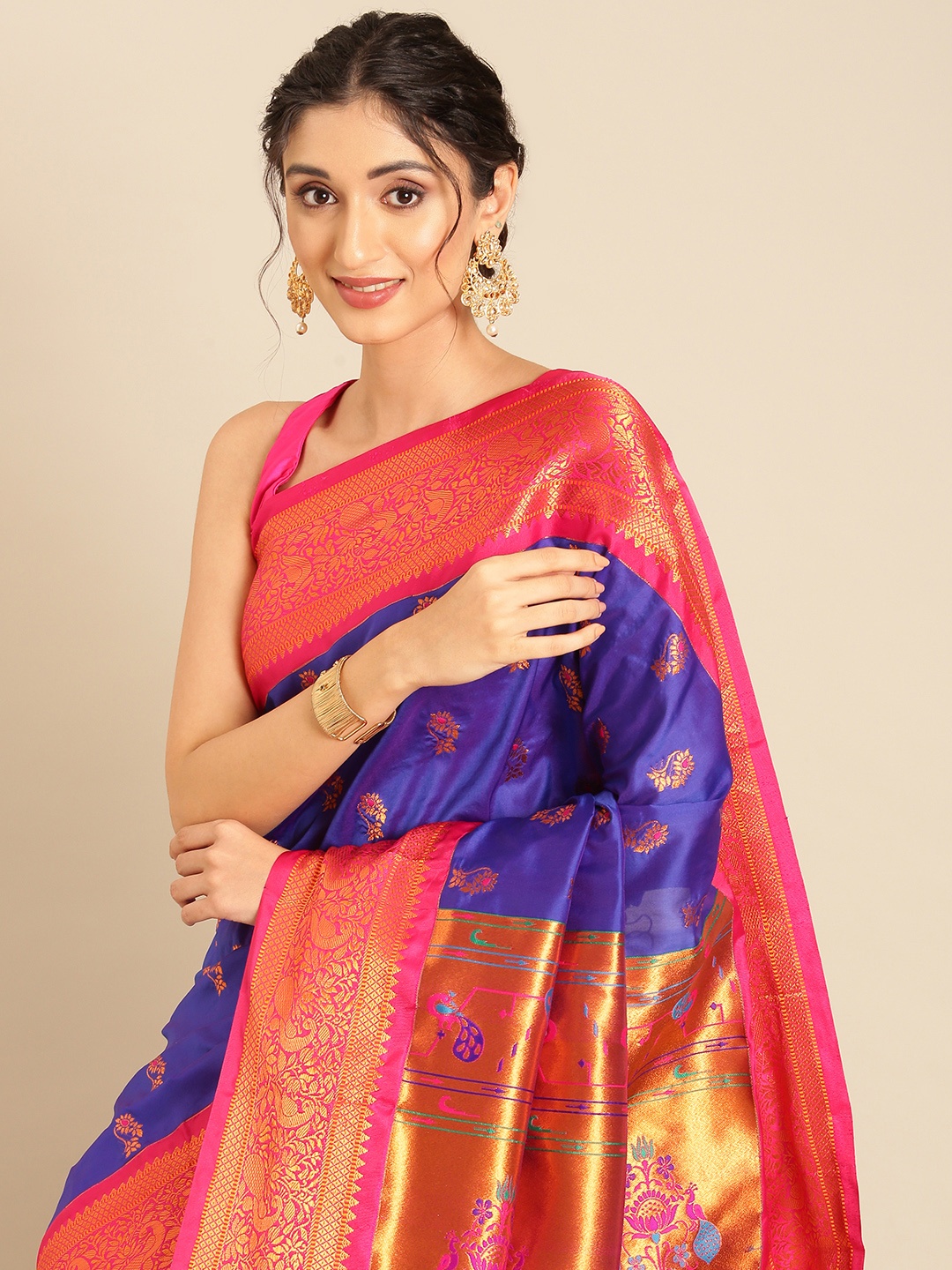 

Varkala Silk Sarees Ethnic Motifs Zari Silk Blend Paithani Saree, Blue