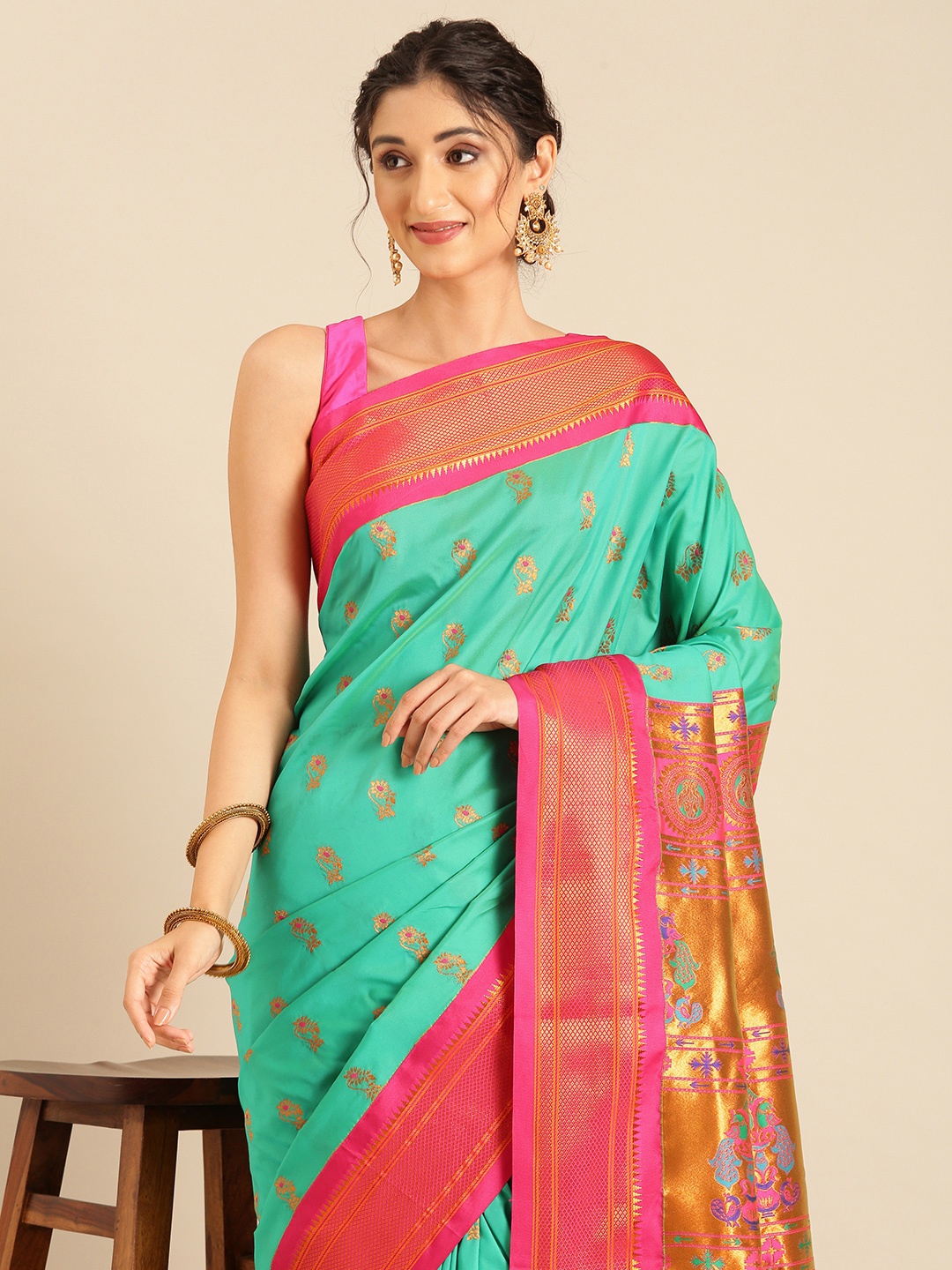 

Varkala Silk Sarees Ethnic Motifs Zari Silk Blend Paithani Saree, Sea green