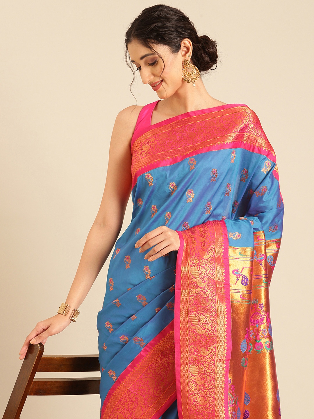 

Varkala Silk Sarees Ethnic Motifs Zari Silk Blend Paithani Saree, Turquoise blue