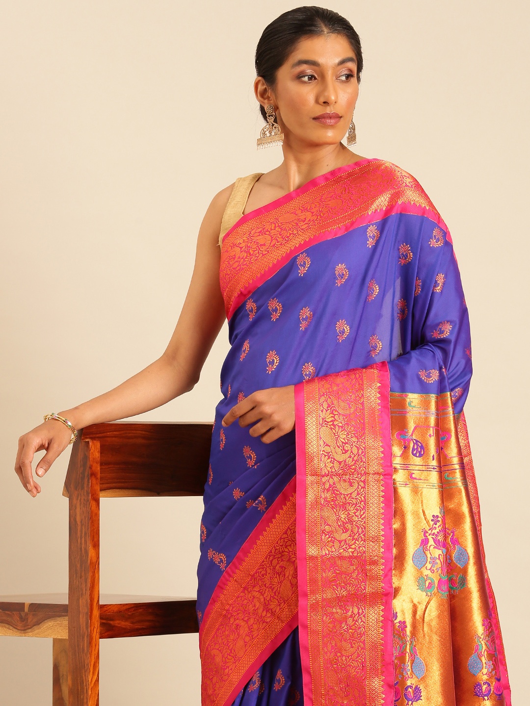 

Varkala Silk Sarees Ethnic Motifs Zari Silk Blend Paithani Saree, Blue