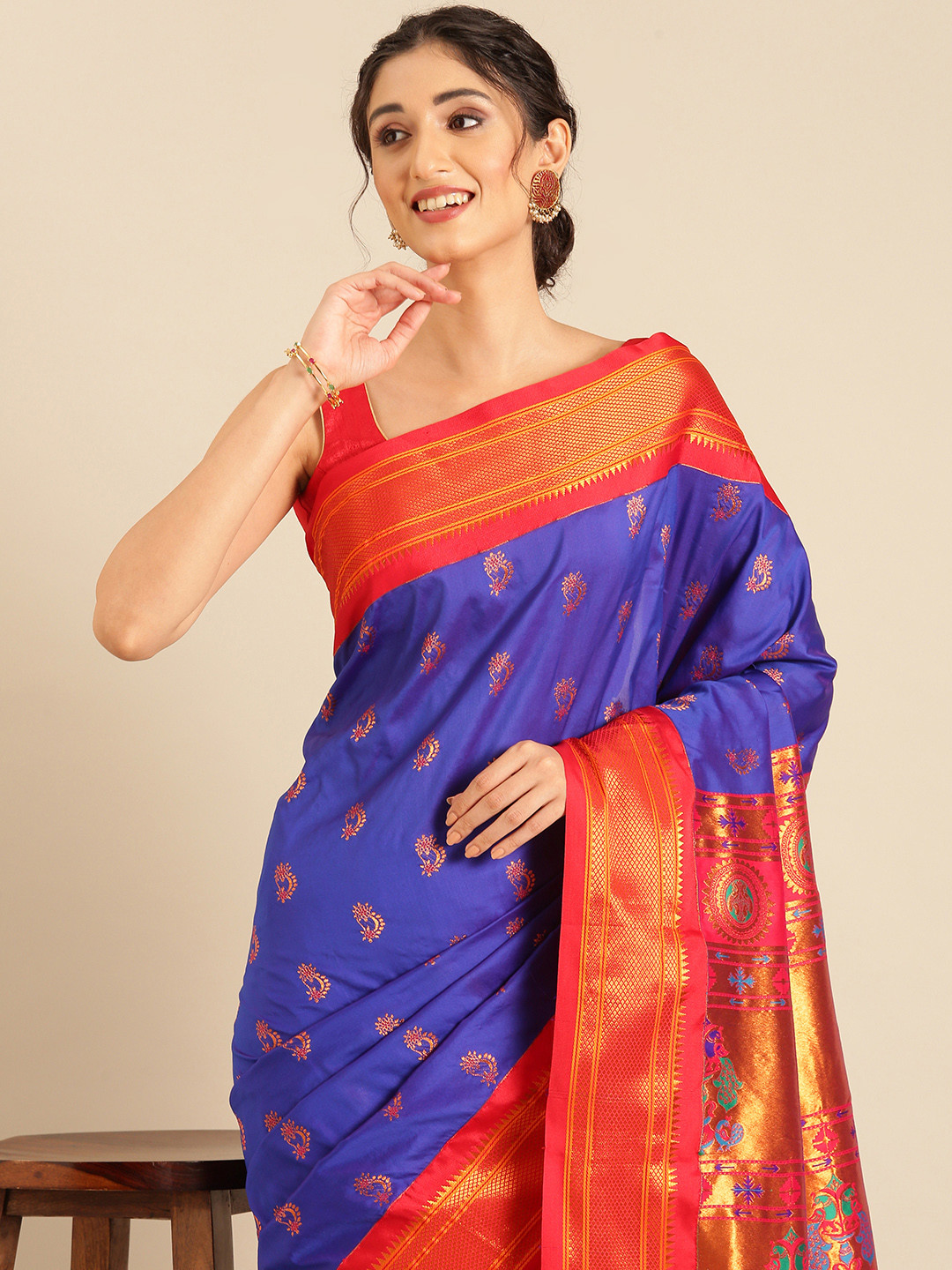 

Varkala Silk Sarees Ethnic Motifs Zari Silk Blend Paithani Saree, Blue
