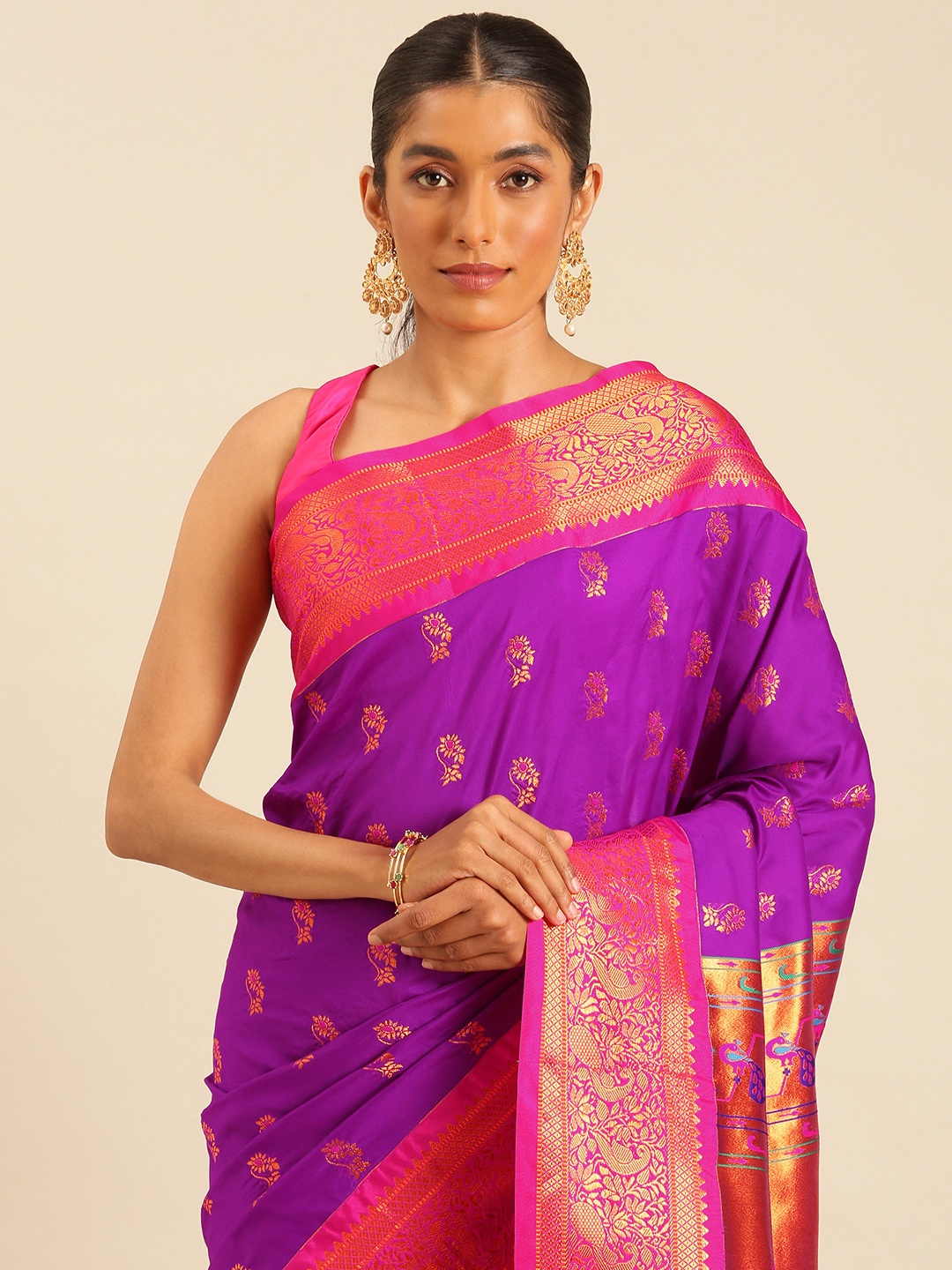 

Varkala Silk Sarees Ethnic Motifs Zari Silk Blend Paithani Saree, Purple