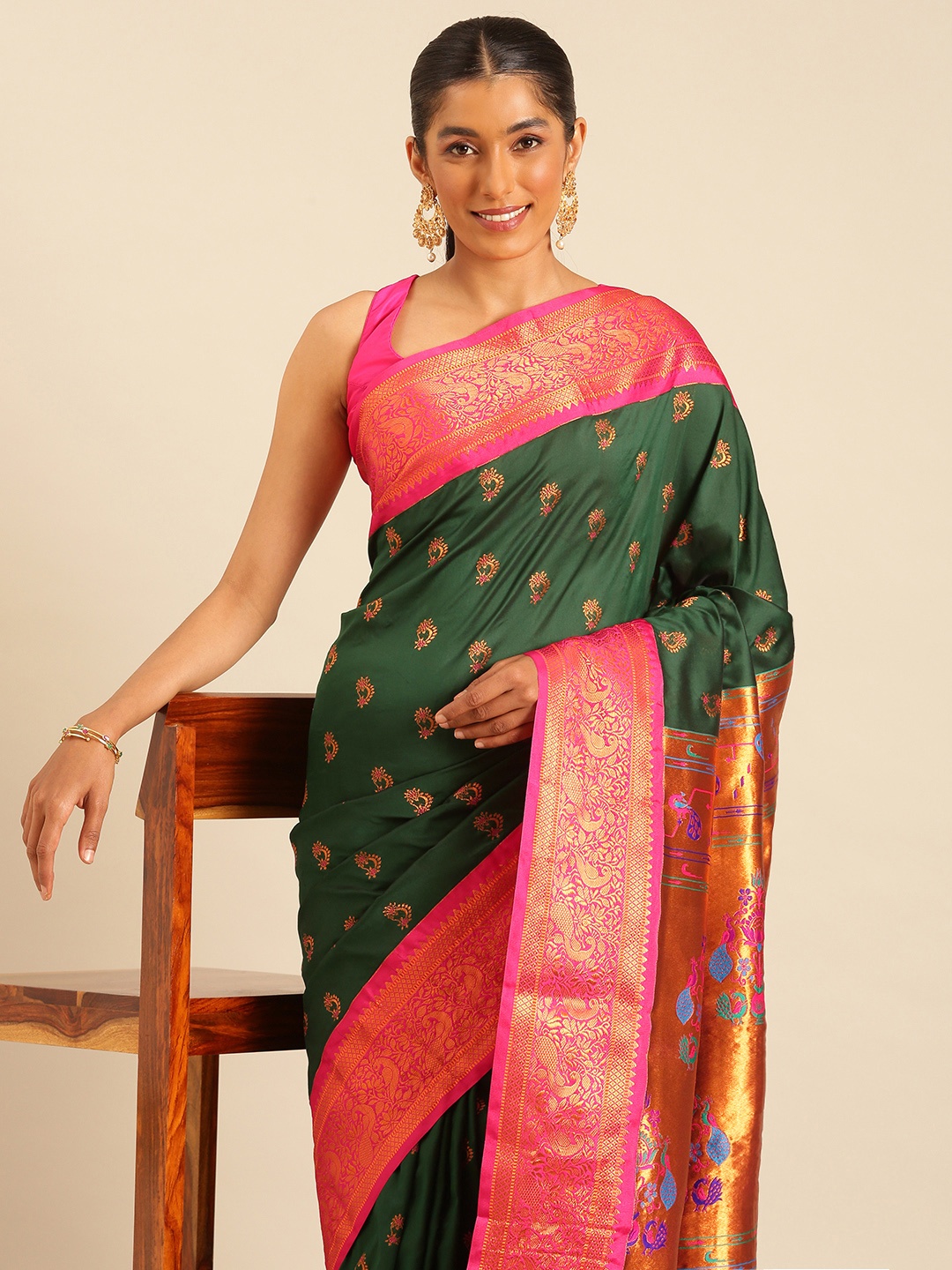 

Varkala Silk Sarees Ethnic Motifs Zari Silk Blend Paithani Saree, Green
