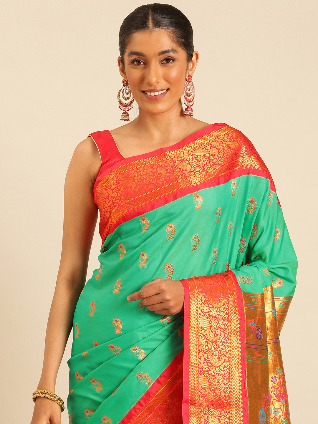 

Varkala Silk Sarees Ethnic Motifs Zari Silk Blend Paithani Saree, Sea green