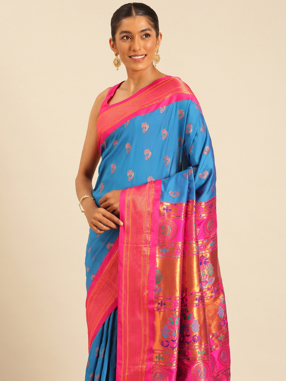 

Varkala Silk Sarees Ethnic Motifs Woven Design Zari Paithani Saree, Turquoise blue