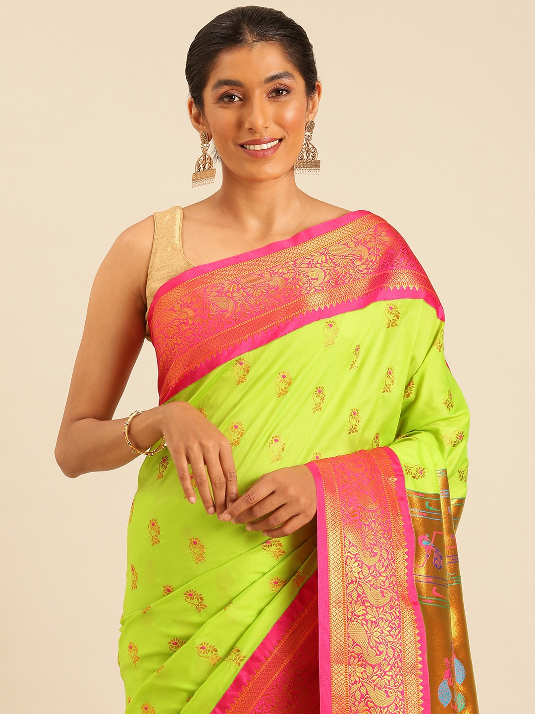 

Varkala Silk Sarees Ethnic Motifs Zari Silk Blend Paithani Saree, Fluorescent green