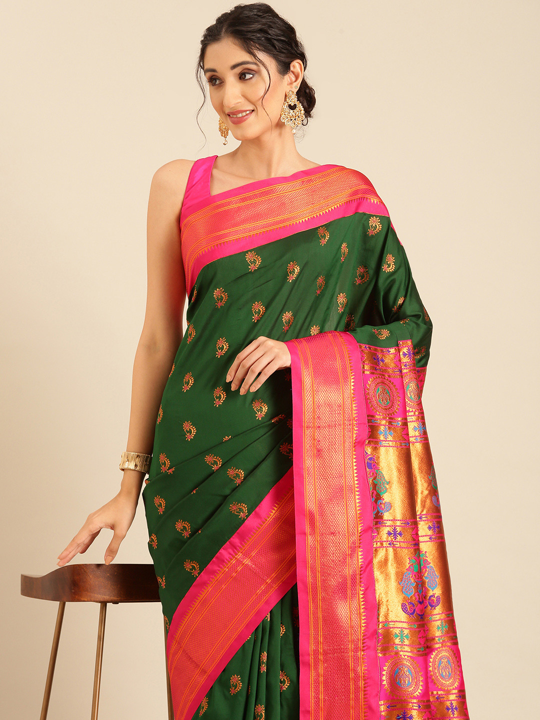 

Varkala Silk Sarees Ethnic Motifs Zari Silk Blend Paithani Saree, Green